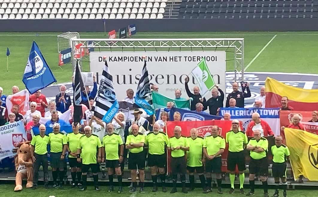 An image of the opening ceremony of the 2023 Almelo City Cup, containing flags and players representing clubs from across Europe.